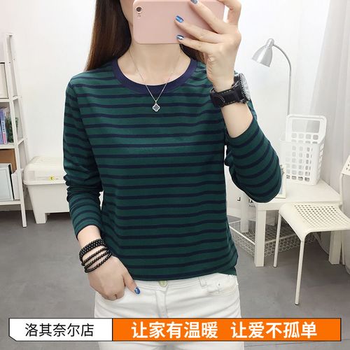大碼寬松長袖t恤女裝中老年媽媽條紋打底衫早秋裝洋氣上衣服批發